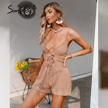 Simplee Sexy Deep V-neck Backless Women Rompers 2021 Casual Summer Spaghetti Strap Solid Playsuits Cotton Beach Ladies Romper